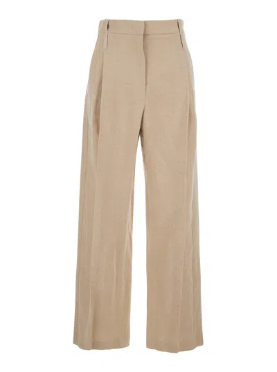 Tela Front-pleated Linen Blend Trousers In Brown