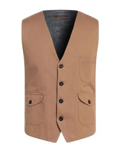 Tela Genova Man Tailored Vest Camel Size Xxl Cotton In Brown