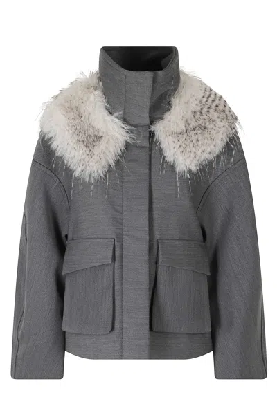Tela Gray Bobby Removable Fur Collar Wool-blend Jacket