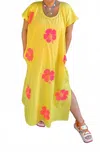 Tela Happy Hibiscus Caftan Maxi Dress In Yellow & Pink In Multi