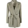 Tela Double-breasted Linen Blend Blazer With Removable Waist Tie In Green