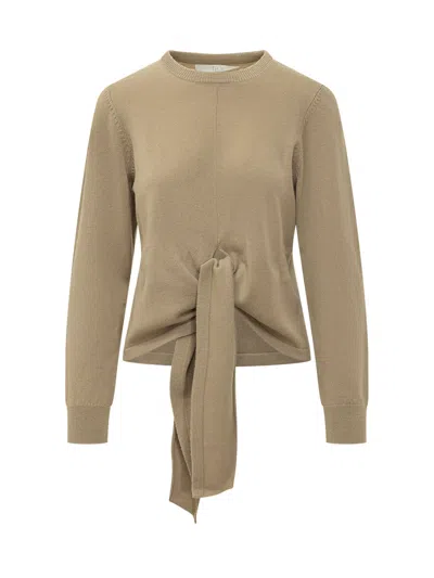 Tela Knit Crewneck Sweater With Front Tie In Safari