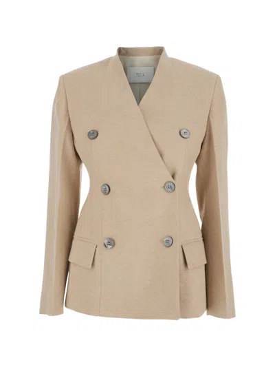 Tela Lapelless Double-breasted Blazer In Brown