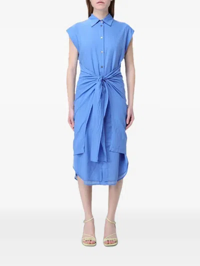 Tela Midi Tie-waist Sleeveless Shirt Dress In Blue