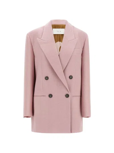 Tela Nomade Herringbone Double-breasted Blazer In Pink