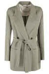 Tela Double-breasted Linen Blend Blazer With Removable Waist Tie In Salvia