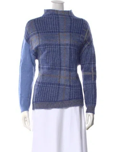 Pre-owned Tela Plaid Print Mock Neck Sweater In Blue