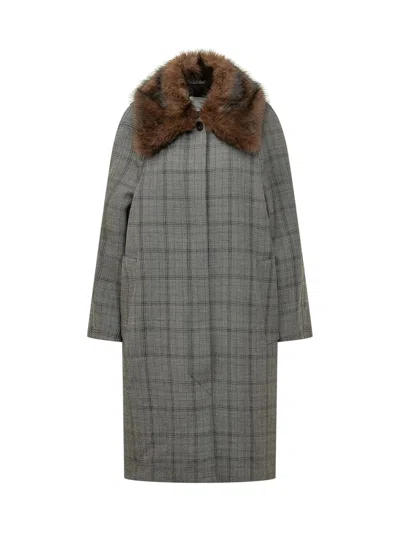 Tela Plaid Wool-blend Overcoat With Faux Fur Collar In White
