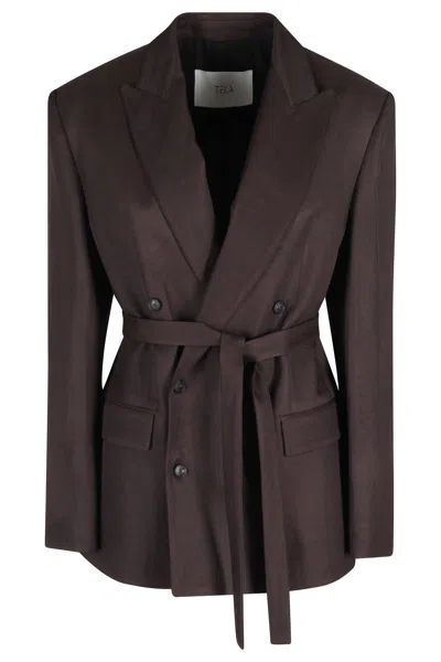 Tela Plum Frost Double-breasted Belted Jacket In Brown