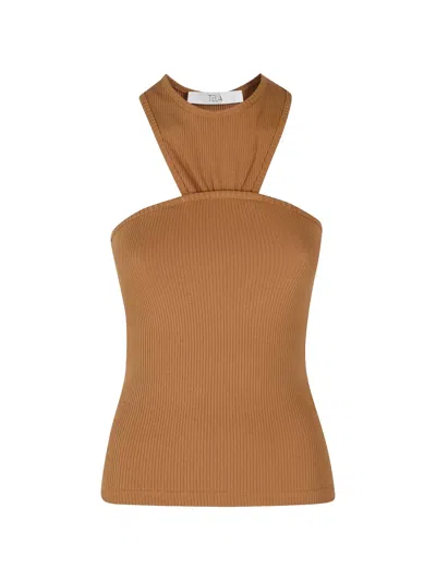 Tela Ribbed-knit Halterneck Top In Brown