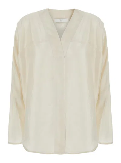 Tela Scout White Shirt With V-neck And Long Sleeves In Silk Woman