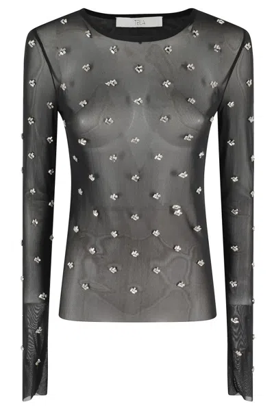 TELA SHEER LONG-SLEEVE SWEATER WITH RHINESTONE EMBELLISHMENTS