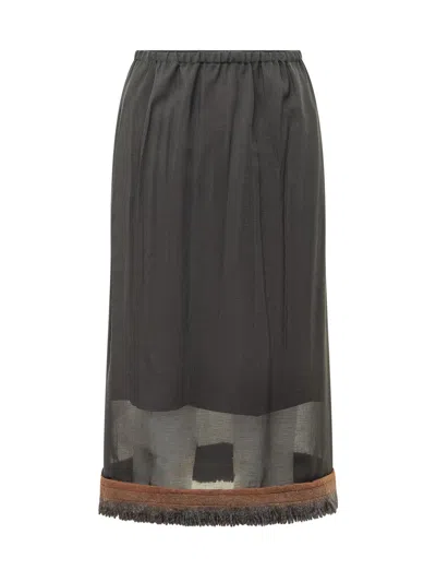 Tela Sheer Overlay Midi Skirt With Fringe Hem In Nero