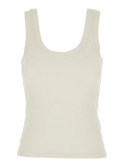Tela White Ribbed Top With U-neck In Cotton For Woman In Neutrals