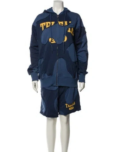 Pre-owned Telfar Colorblock Pattern Embroidered Accent Short Set In Blue