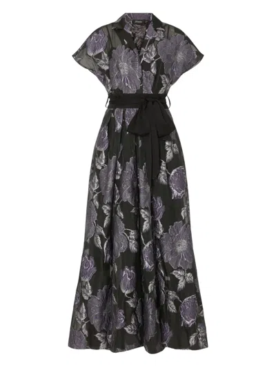 Temperley London Bridget Gown Floral-print Belted Midi Dress In Black