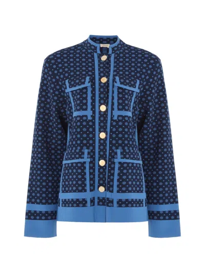 Temperley London Ditzie Floral-print Button Knit Jacket In Blue