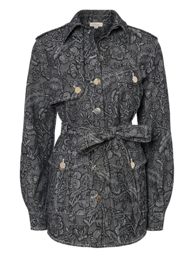 Temperley London Floral-print Belted Denim Jacket In Black