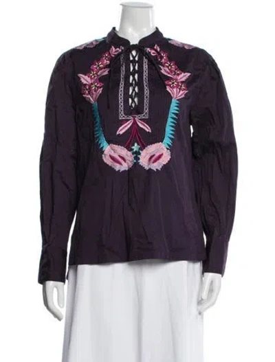 Pre-owned Temperley London Floral Print Tie Neck Blouse In Purple