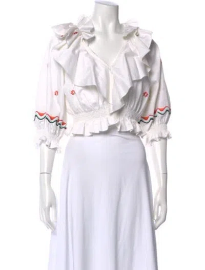 Pre-owned Temperley London Floral Print V-neck Blouse In White