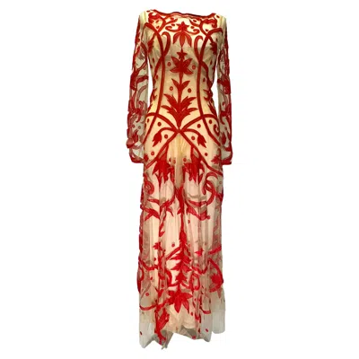 Temperley London Francine Tattoo Maxi Gown Dress In Red Nylon In Multi