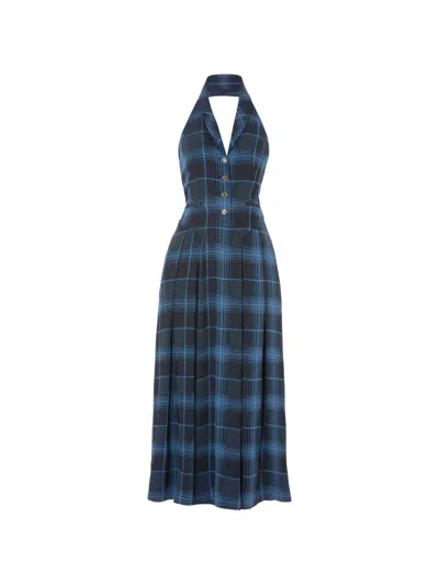 Temperley London Halterneck Check Plath Dress In Blue