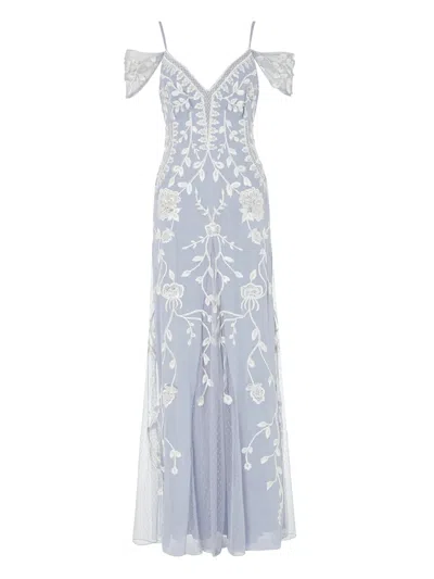 Temperley London Lilly Embroidered Off-shoulder Gown In Blue
