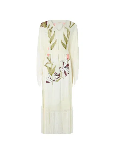 Temperley London Madeline Floral-embroidered Fringed Kaftan In Neutral