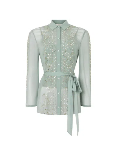 Temperley London Oberon Crystal-embellished Belted Shirt In Green