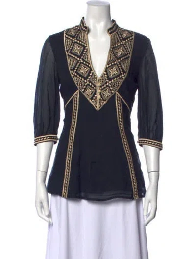 Pre-owned Temperley London Patterned V-neck Blouse In Blue
