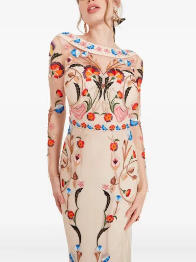Temperley London Toledo Floral-embroidered Long-sleeve Dress In Neutral