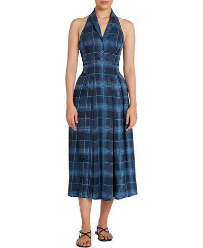 Temperley London Halterneck Check Plath Dress In Blue