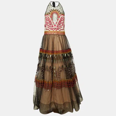 Pre-owned Temperly London Temperley London Black Maze Embroidered Tulle Halter Neck Dress Xl