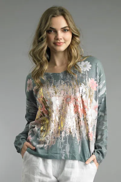 Tempo Paris Floral Art Top In Seafoam Green In Blue