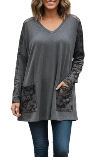 Tempo Paris Floral Lace Trim Tunic In Charcoal In Black