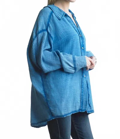 Tempo Paris Gauze Oversized Button Front Shacket Top In Blue
