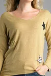 Tempo Paris Lightweight V Neckline Sweater With Stars In Mustard In Multi