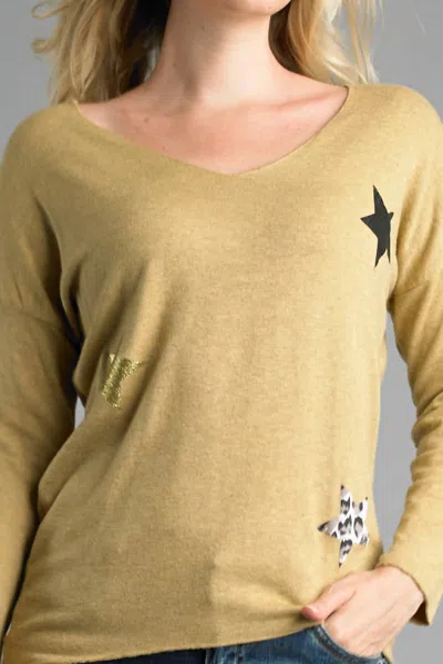 Tempo Paris Lightweight V Neckline Sweater With Stars In Mustard In Brown