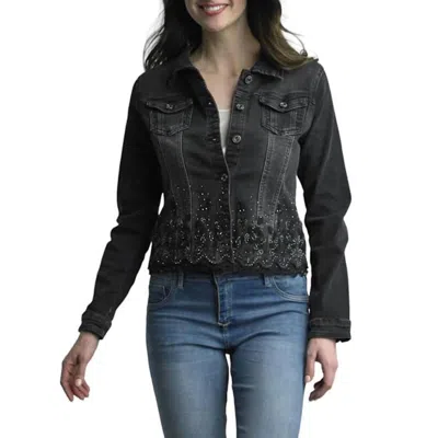 Tempo Paris Scalloped Lace Edge And Rhinestones Denim Jacket In Black