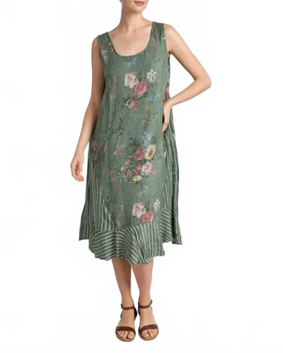 Tempo Paris Sleeveless Floral Stripe Dress In Olive In Green