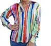 Tempo Paris Striped Button Down Blouse In Green Multi In Multi