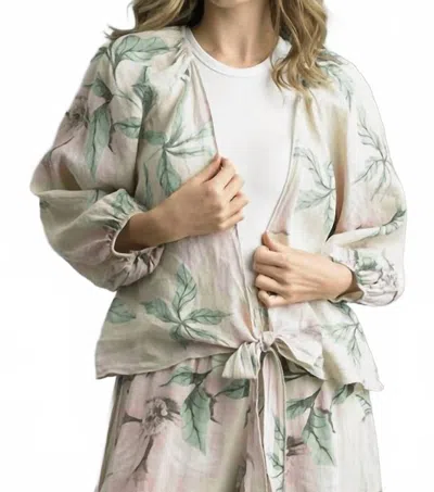 Tempo Paris Tie Front Linen Top In Printed Flower In Gray
