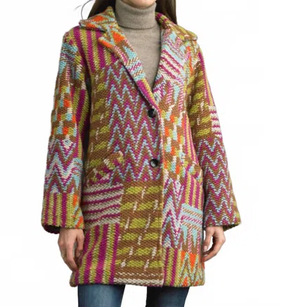 Tempo Paris Tweed Long Boucle Coat In Fuschia In Multi