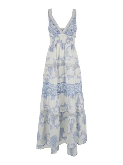 TEMPTATION POSITANO WHITE LONG DRESS WITH LIGHT BLUE FLORAL PRINT IN LINEN WOMAN