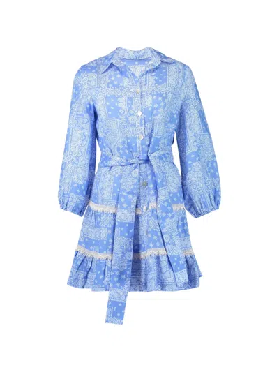 Temptation Positano Gelato Bandana Belted Shirt Dress In Blue