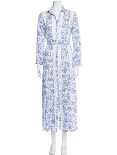 Pre-owned Temptation Positano Linen Long Dress In Blue/white