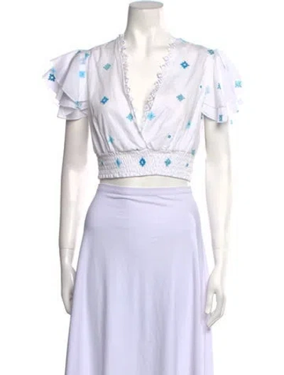 Pre-owned Temptation Positano Printed V-neck Crop Top In White