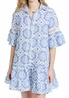 Temptation Positano Tiered Drop Waist Mini Dress In White/blue In Blue