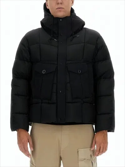 Ten C Boxy Silhouette Black Down Jacket With High Collar And Detachable Hood