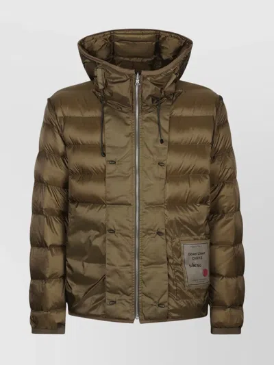 Ten C Hooded Down Liner With Drawstring And Quilted Design In Brown